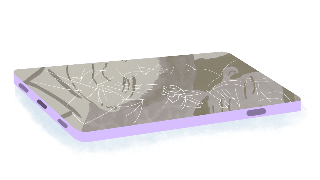 An illustration of a cracked smartphone displaying an image of a White person and a Black person smiling together. 