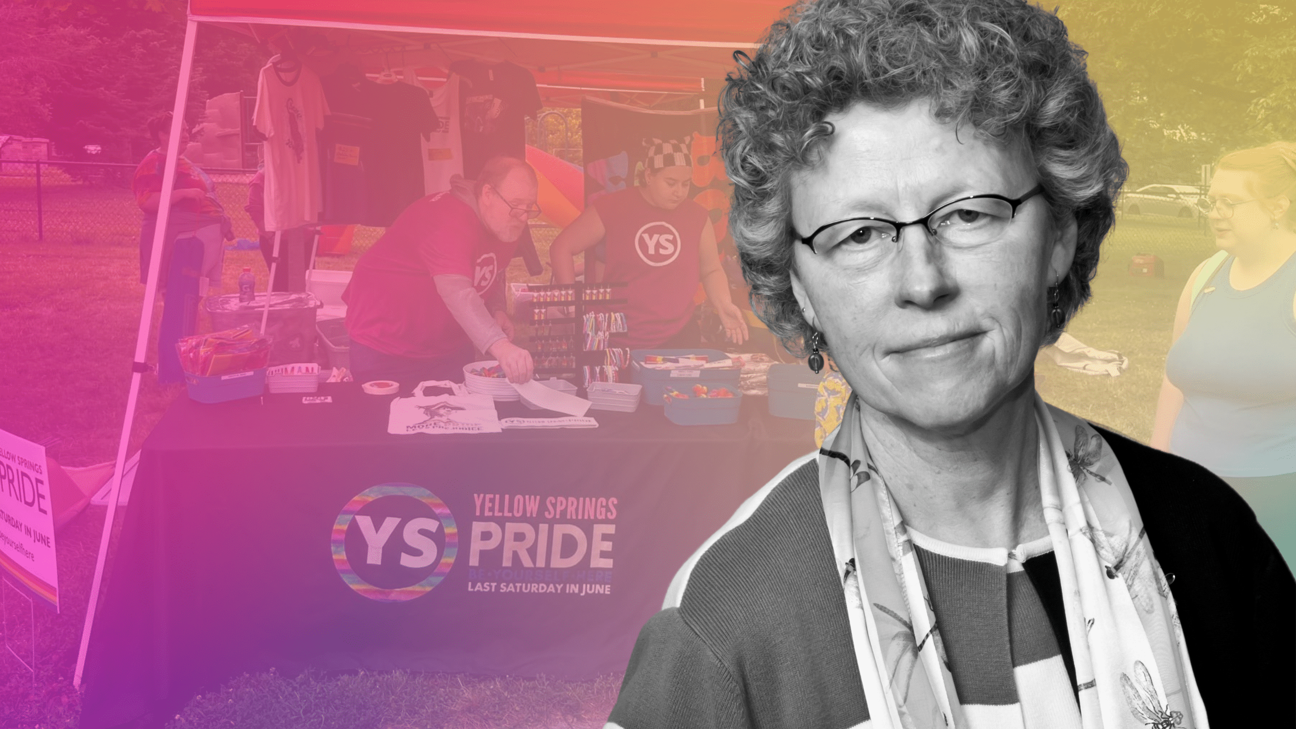 Photo illustration of out lesbian Mayor Pam Conine against the background of Yellow Springs Pride.