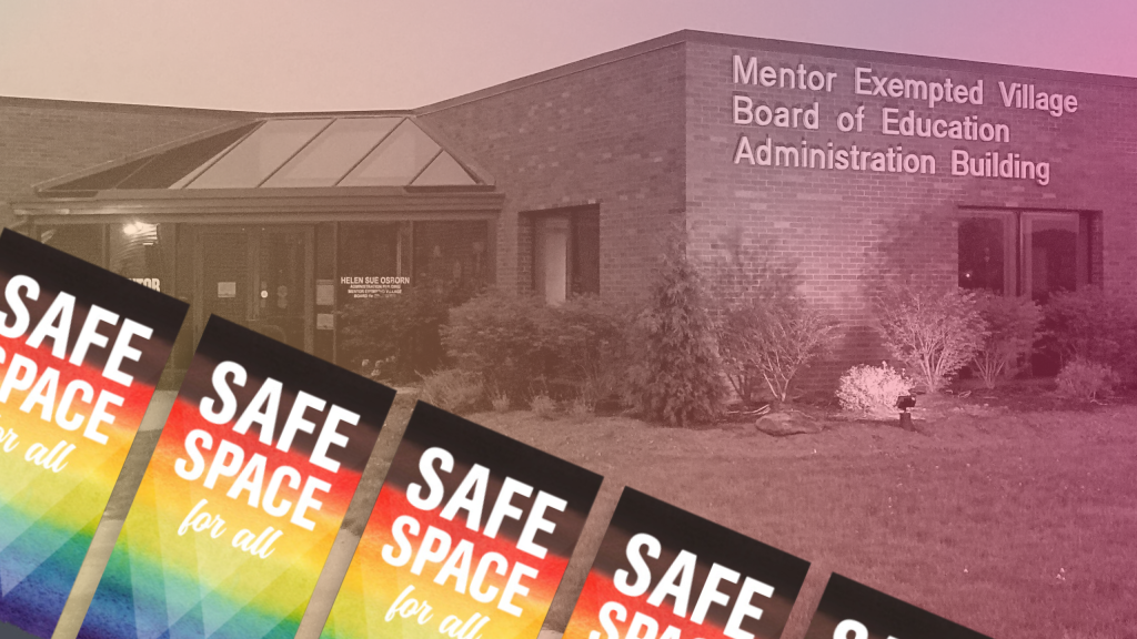 Mentor Public Schools' Board of Education office is desaturated with a rainbow gradient shining from a line of colorful Safe Space for All cards.