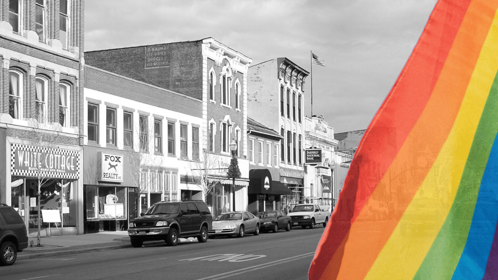Lancaster's downtown street is in black and white, while a colorized Pride flag is flown from the corner.