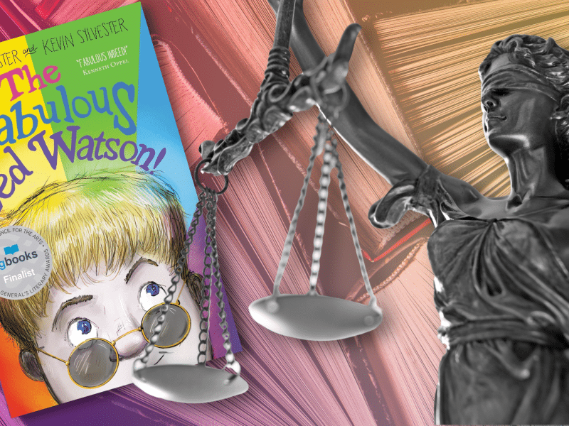 A Justice is Blind statue is in front of a children's book containing an LGBTQ+ character, The Fabulous Zed Watson. The background is the tops of books in rainbow.
