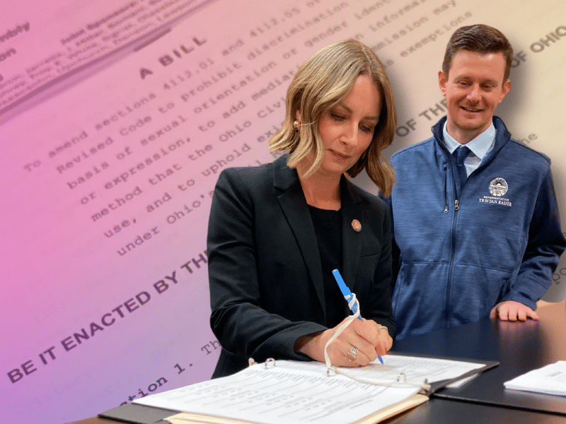 Ohio State Rep. Crystal Lett and Rep. Tristan Rader sign the House version of the Fairness Act.