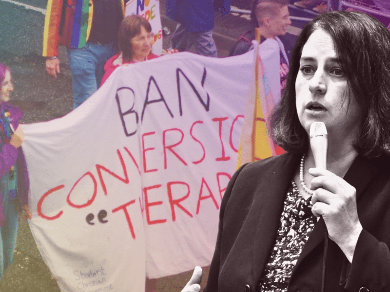 Ohio Sen. Beth Liston speaking is superimposed on top of a march with a banner that says "Ban Conversion Therapy."