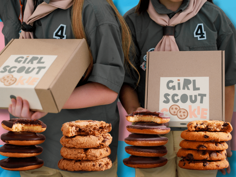 Girl Scouts hold boxes of cookies superimposed on a trans flag.