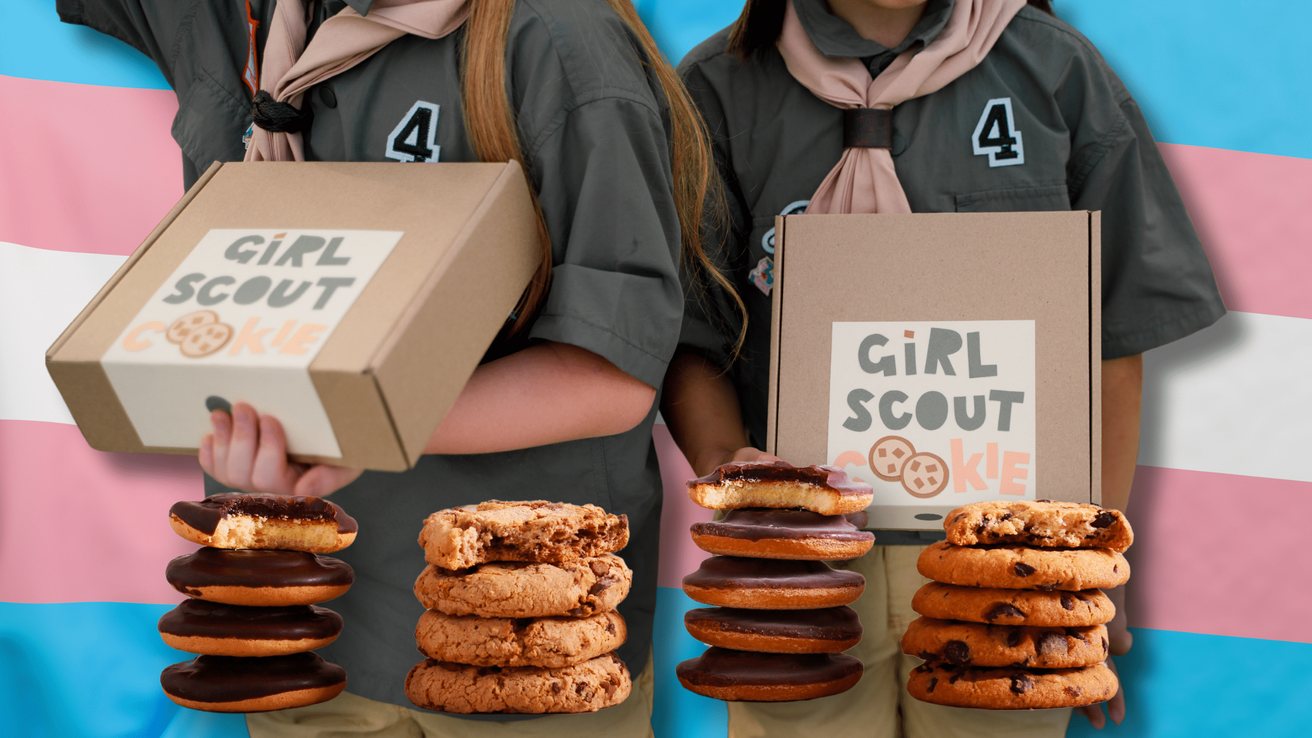 Girl Scouts hold boxes of cookies superimposed on a trans flag.