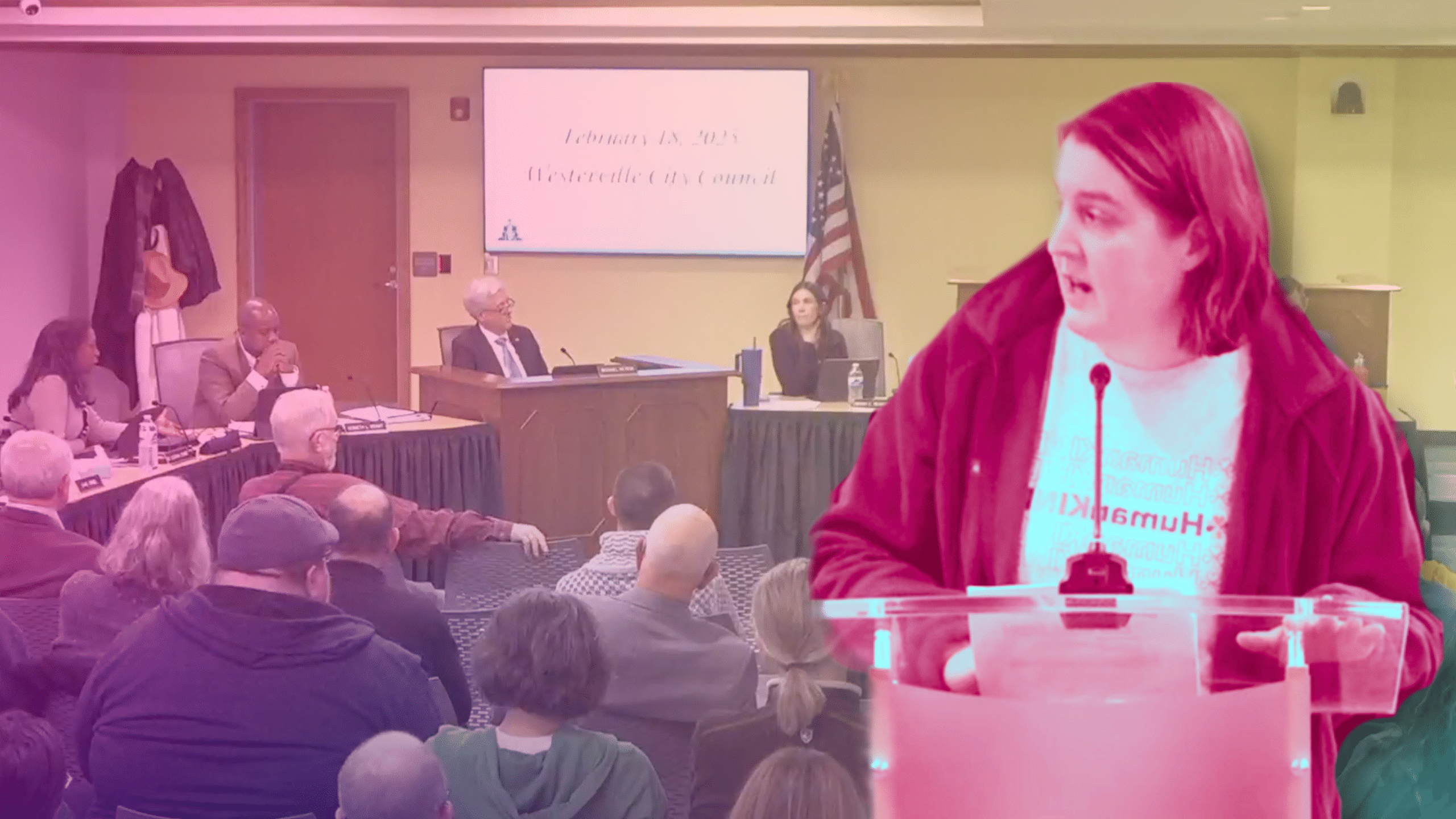 A public commenter speaks at a podium. She is superimposed onto a screengrab of Westerville City Council discussing an ordinance.