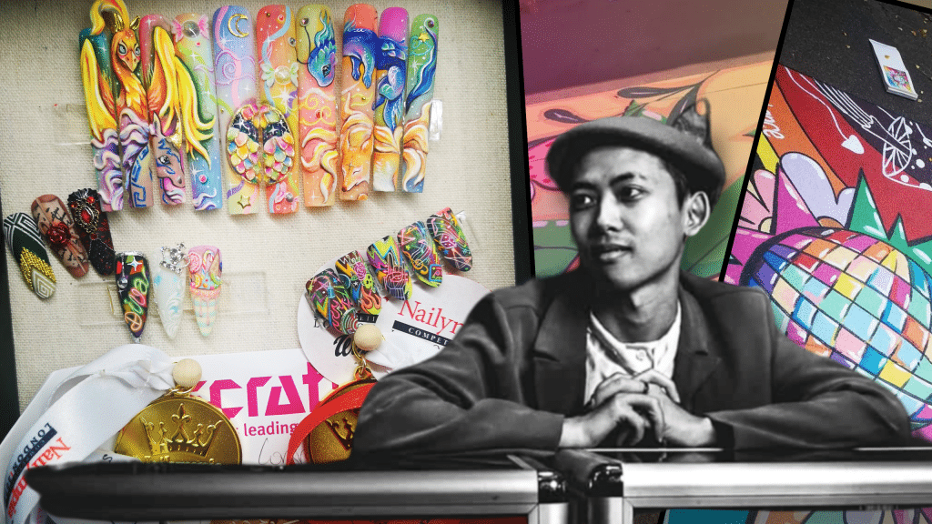 Fox Nguyen poses for a photo with his art in the background.